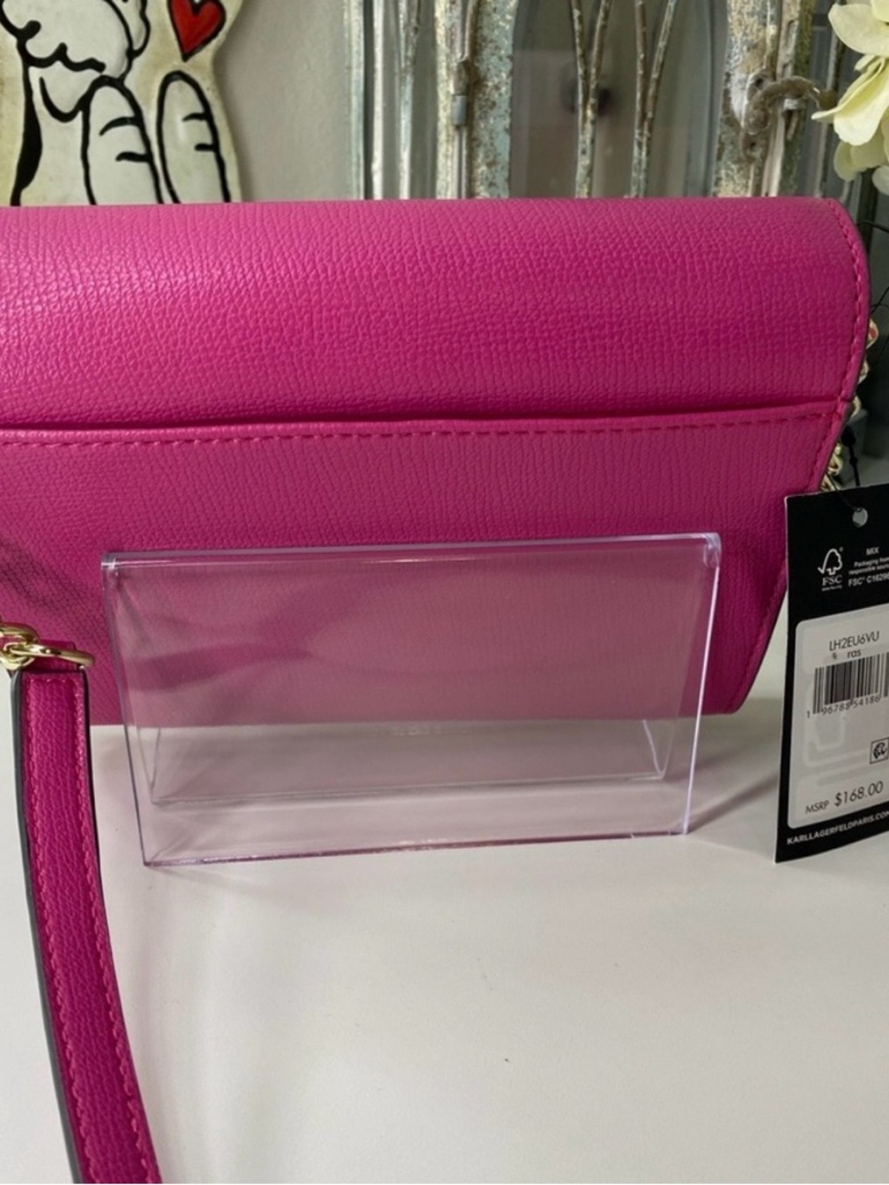 LOW START NWT Karl Lagerfeld Fuchsia Heart Stud Leather Crossbody - Picture 4 of 11